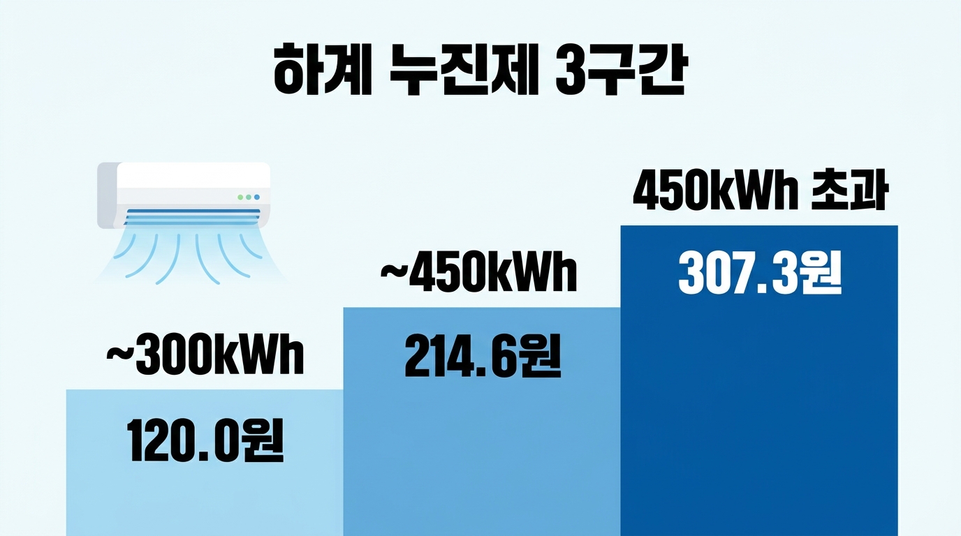 주택용 전기요금 하계 누진제 3구간별 전력량요금 단가 120원 214.6원 307.3원을 계단형 차트로 정리한 가이드