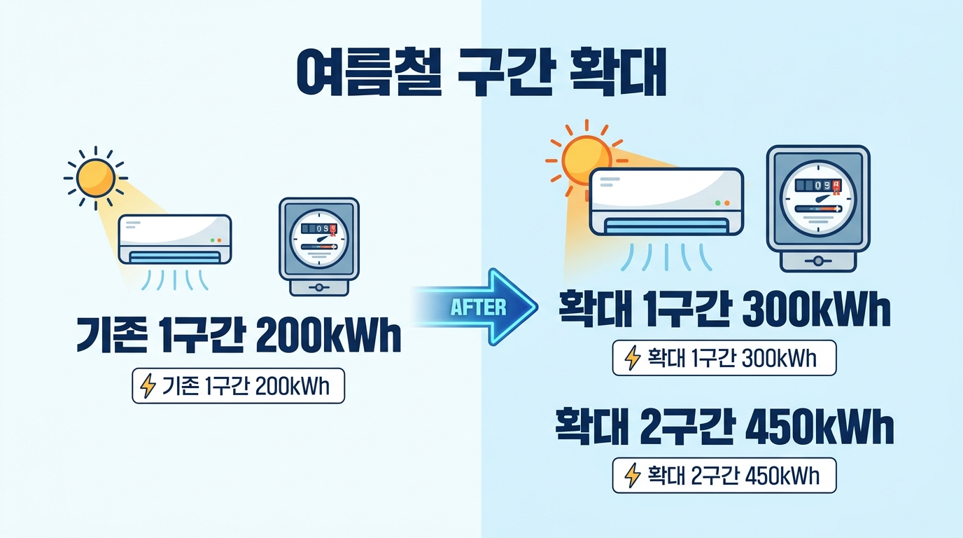 평소와 다른 여름철 7월 8월 한시적 누진구간 상한선 확대 내용을 담은 비교 자료입니다 에어컨 사용이 많은 여름 전기요금 부담을 줄이는 방법을 계산기와 함께 제시합니다