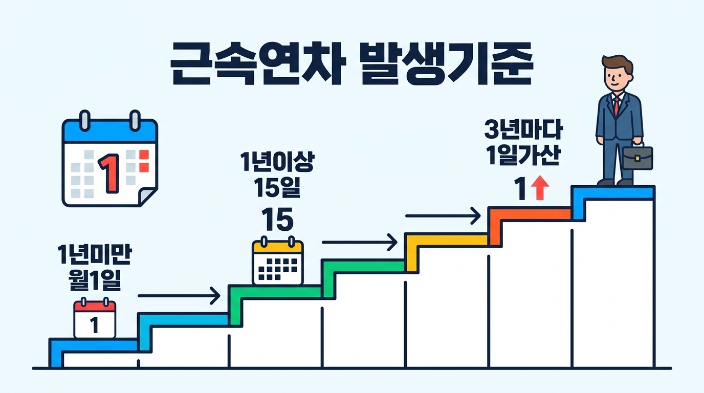근속 기간과 연간 출근율에 따른 유급 휴가 발생 일수를 한눈에 확인하도록 정리한 가이드입니다. 1년 미만 근로자부터 3년 이상 장기 근속자까지 본인의 정확한 휴가 권리를 체크하세요.