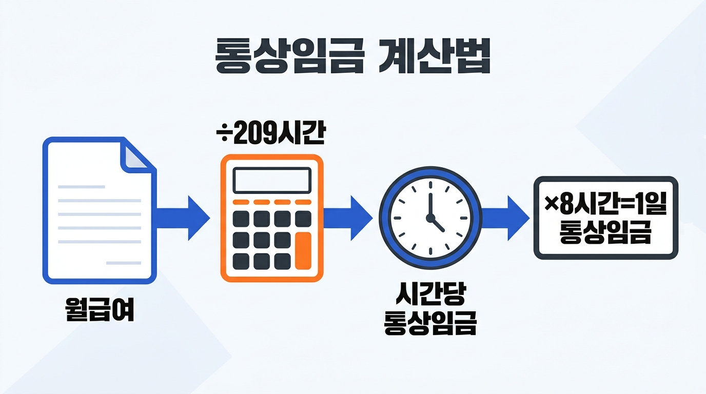 월 통상임금을 209시간으로 나누어 시간급을 구하고 1일 통상임금을 계산하는 공식 가이드입니다. 연차수당 산출을 위한 핵심 급여 항목 확인 방법