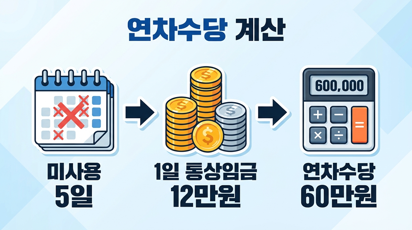미사용 연차 일수에 1일 통상임금을 곱하여 연차수당 최종 금액을 구하는 산출 방식입니다. 회사의 사용 촉진 절차 여부에 따른 지급 의무와 실제 수령액 확인을 위한 핵심 정보를 담았습니다.