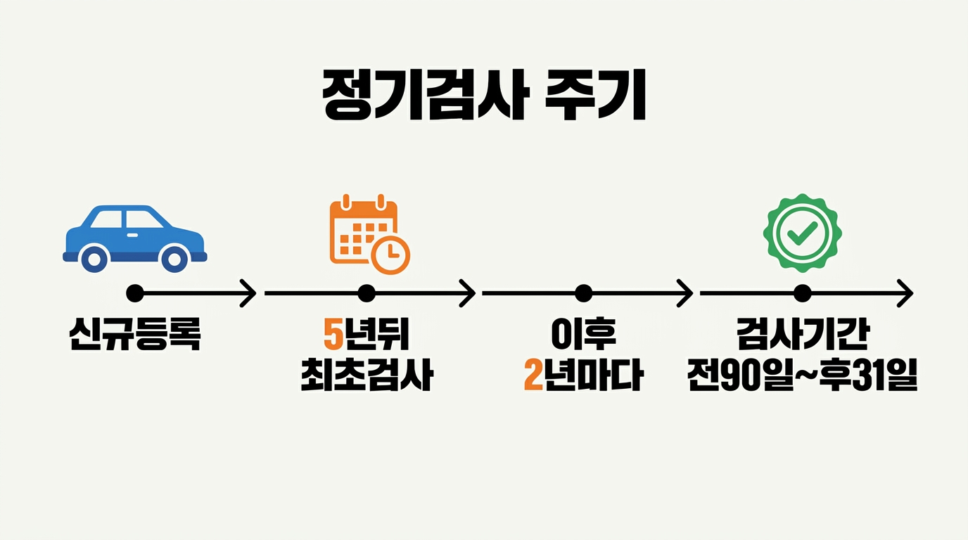 비사업용 승용차 기준으로 신차 등록 후 5년 뒤 최초 검사가 이루어지며 이후 2년마다 정기적으로 받아야 하는 검사 주기와 가능 기간