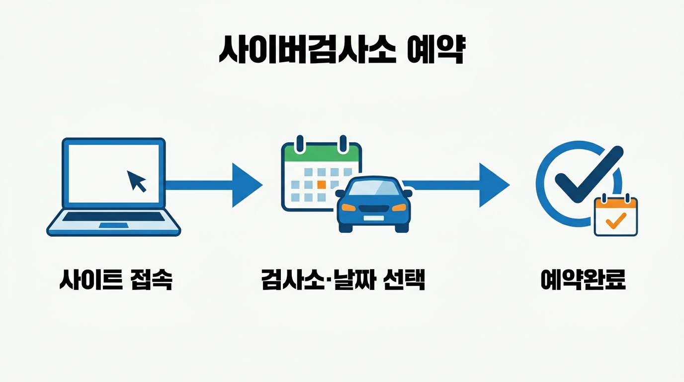한국교통안전공단 사이버검사소 홈페이지에서 자동차 등록번호와 휴대폰 번호만으로 간편하게 방문 일정을 예약하고 검사소를 이용하는 전체 과정 안내입니다