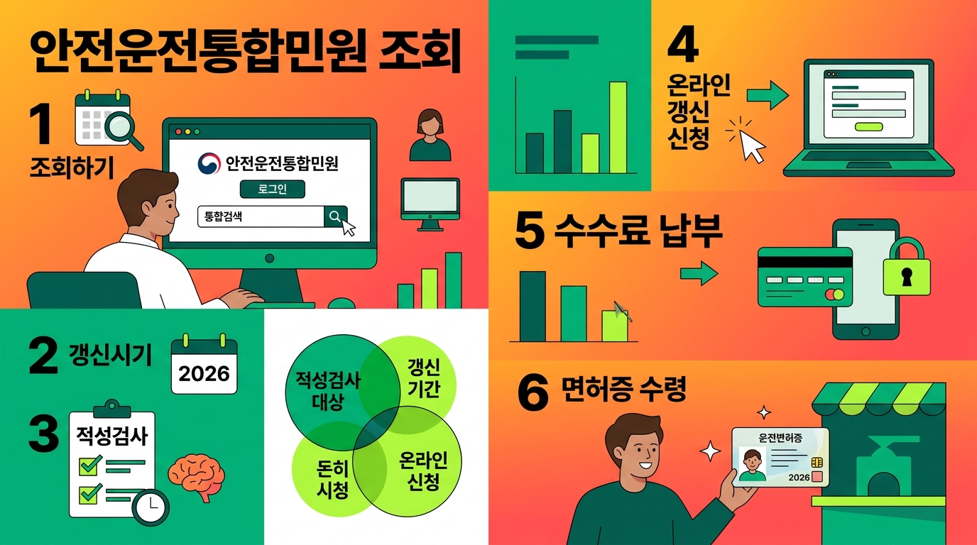 도로교통공단 안전운전통합민원 사이트에서 운전면허 갱신 대상 여부를 조회하고 신청하는 과정을 안내합니다 본인 인증 후 정기적성검사 메뉴를 선택하여 온라인으로 편리하게 절차를 진행하는 방법입니다