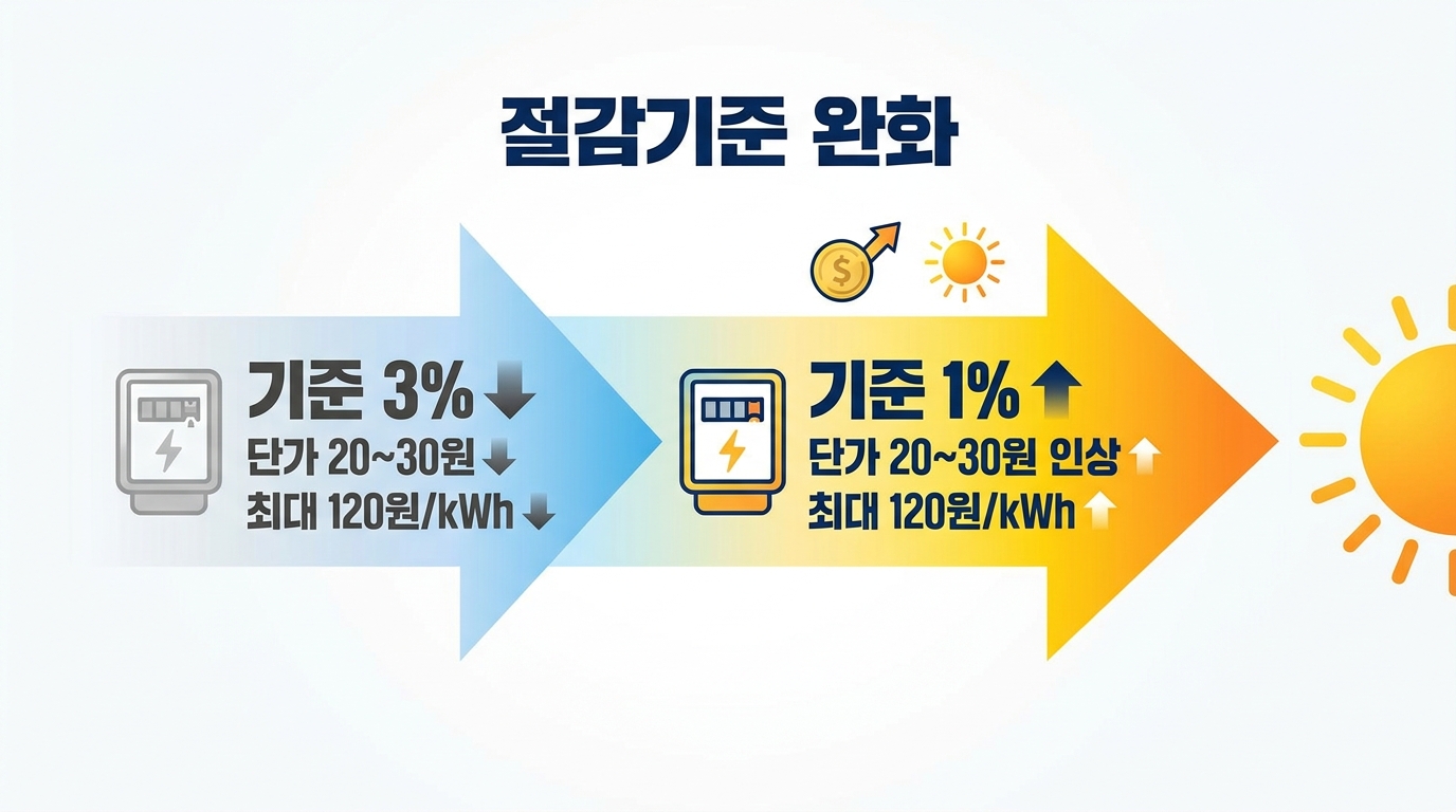 2026년 7월부터 변경된 에너지캐시백의 핵심 변화인 절감 기준 1퍼센트 완화와 지급 단가 인상 정보를 요약한 비교 정리입니다.