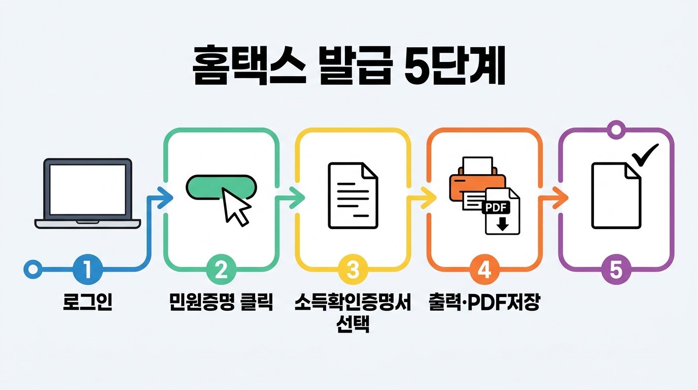 홈택스 민원증명 메뉴를 통해 소득확인증명서를 신청하고 온라인으로 즉시 발급받는 구체적인 5단계 절차를 설명한 안내입니다