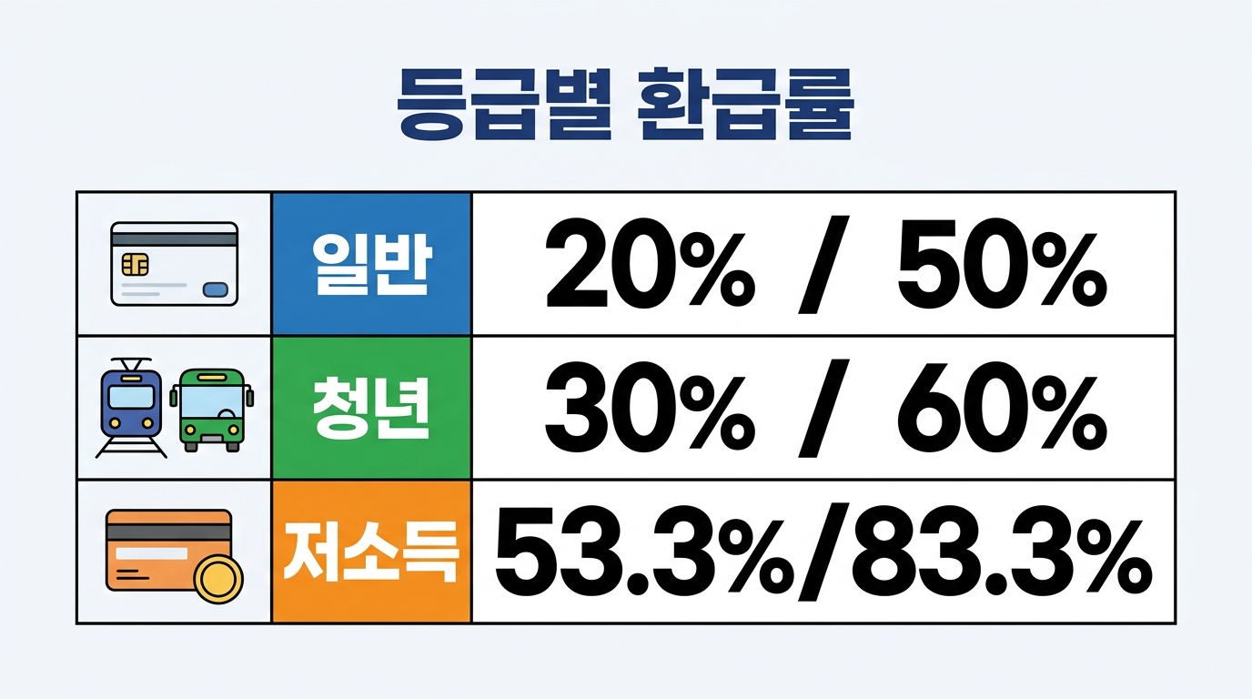 일반인부터 청년과 저소득층까지 대중교통 이용 시 적용되는 기본 환급률과 시차출퇴근 시 추가 혜택을 정리한 비교표입니다. 거주지와 연령대에 따른 정확한 비율 정보를 확인할 수 있습니다.