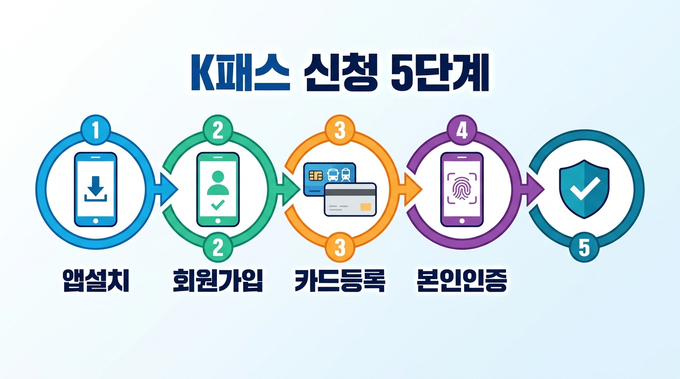 케이패스 회원가입을 위한 제휴 카드 발급부터 홈페이지 인증 및 거주지 등록까지 필수 과정을 5단계로 구성한 가이드입니다. 저소득층 인증 절차를 포함한 상세 이용 방법을 한눈에 살펴볼 수 있습니다.
