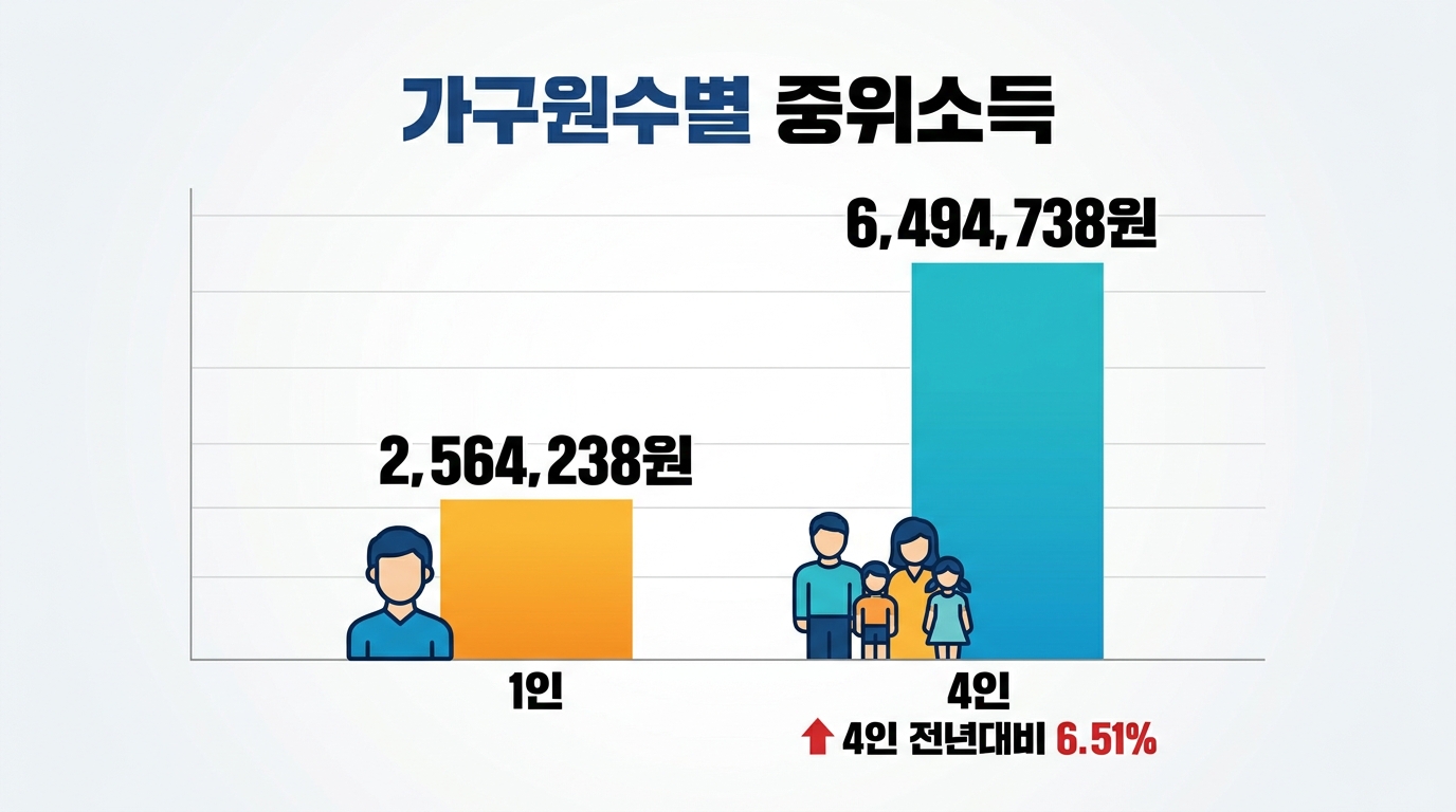 가구원수별 2026년 기준 중위소득 월 소득액을 1인 가구부터 7인 가구까지 상세히 비교한 표입니다 세전 기준으로 매년 인상되는 금액을 확인할 수 있습니다