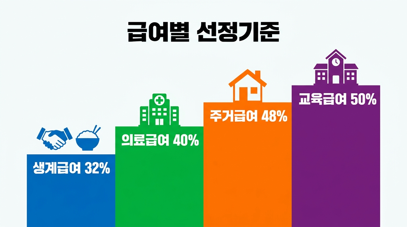 기초생활보장제도 급여별 선정 기준인 생계 의료 주거 교육 급여 비율을 정리한 내용입니다 중위소득 몇 퍼센트가 적용되는지 확인하는 체크리스트입니다