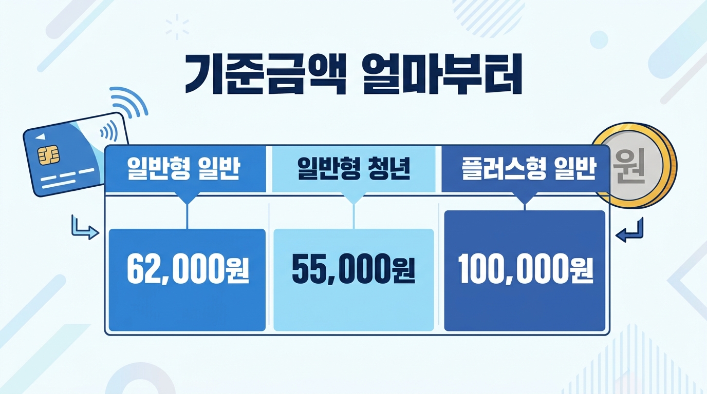 모두의카드 일반형과 플러스형에 따른 기준금액 비교표입니다. 본인의 거주 지역과 나이 및 가구 유형에 따라 정해진 기준금액을 확인하고 환급 조건을 체크해 보세요.