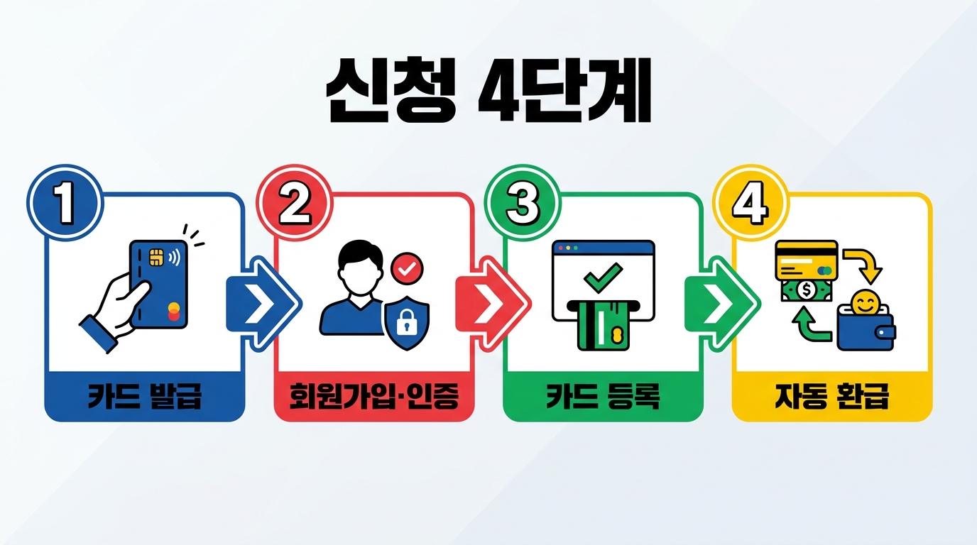 케이패스 기반 모두의카드 신청 절차를 4단계로 구성한 가이드입니다. 카드 발급부터 회원가입 및 지역 설정까지 누구나 쉽게 따라 할 수 있도록