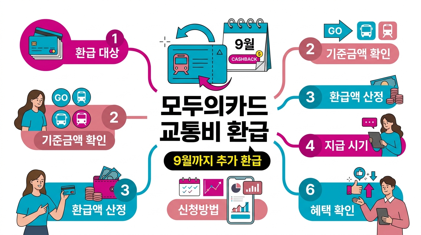 고유가 시대를 맞아 2026년 9월까지 연장된 추가 환급 혜택 정보를 담은 핵심 정리입니다. 출퇴근 시간대 이용 시 적용되는 더 큰 환급률과 기간별 지원 조건을 확인하여 교통비를 절감하세요.