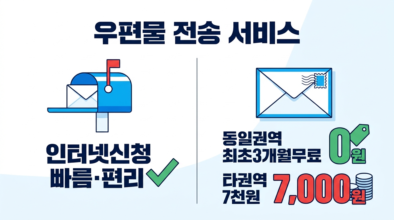 전입신고와 함께 신청하면 유용한 주거이전 우편물 전송 서비스의 권역별 비용과 신청 방법을 비교 정리한 체크리스트로 기존 주소로 오는 우편물을 새 주소로 편리하게 받는 방법