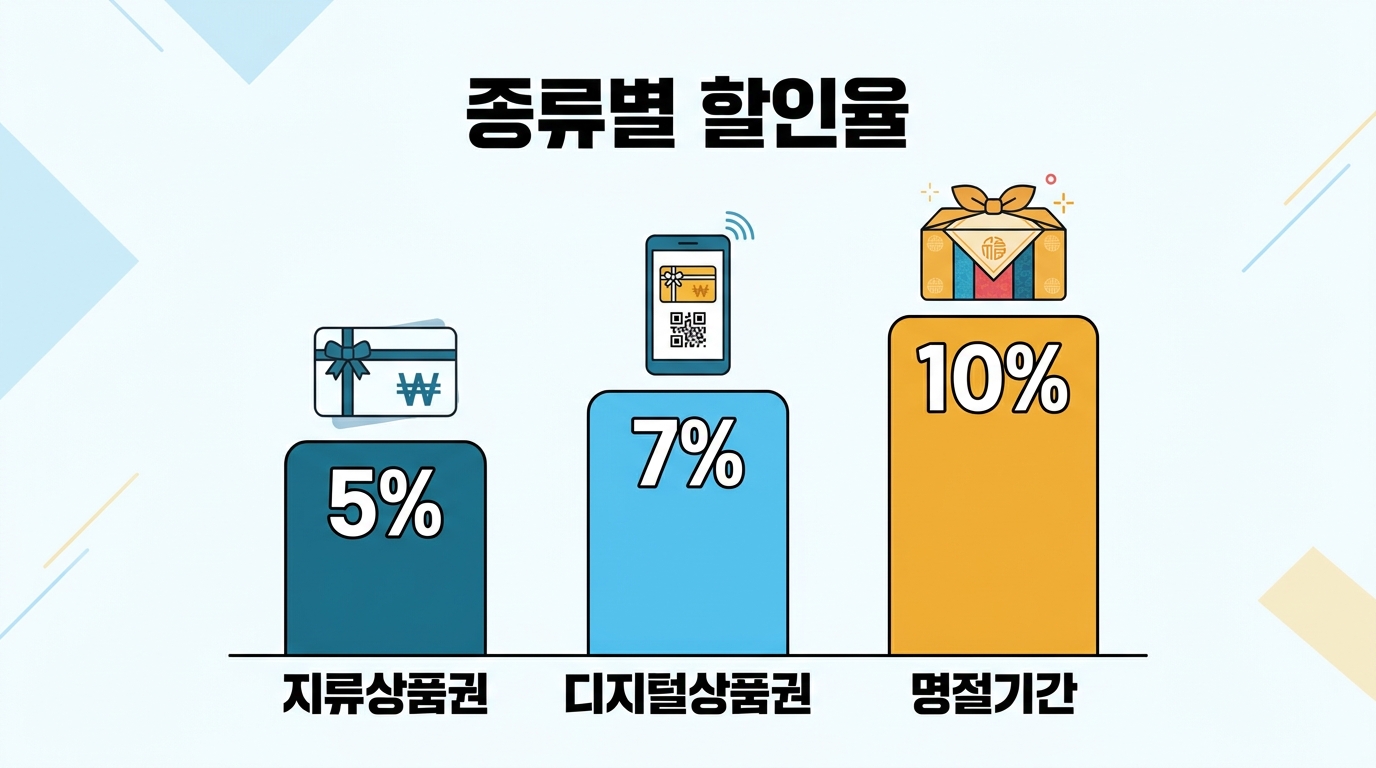 2026년 7월 기준 온누리상품권 지류형 5퍼센트와 디지털형 7퍼센트 할인율을 비교한 자료입니다. 설과 추석 명절 기간에는 디지털 상품권이 10퍼센트까지 혜택이 확대되는 점을 확인하여 똑똑하게 소비하세요.
