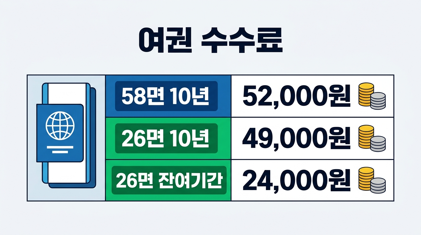 10년 유효기간 여권과 남은 기간 연장 재발급 시 발생하는 수수료를 58면과 26면별로 나누어 정리한 표입니다 온라인 결제 전 본인의 상황에 맞는 금액을 반드시 확인하세요