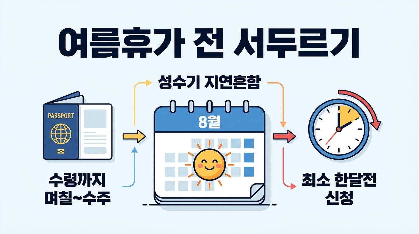 여름 성수기에 여권 처리 기간이 지연되는 것을 대비하여 출국 최소 한 달 전에 재발급을 완료해야 하는 이유와 유효기간 확인법을 담은 체크리스트입니다 안전한 해외여행을 위한 필수 준비 사항입니다