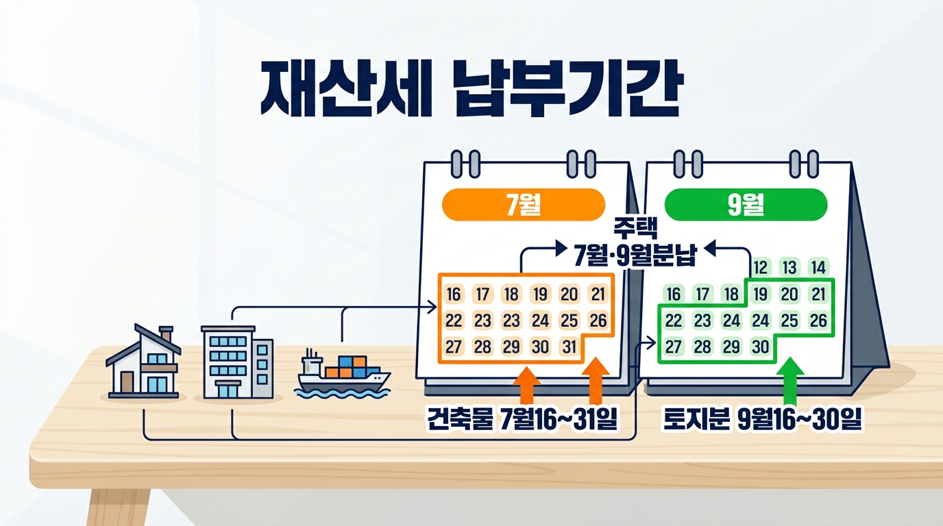 2026년 7월 재산세 납부 기간과 대상별 상세 일정을 정리한 표입니다 건축물 선박 항공기와 주택분 재산세 부과 기준을 한눈에 확인할 수 있는 가이드입니다