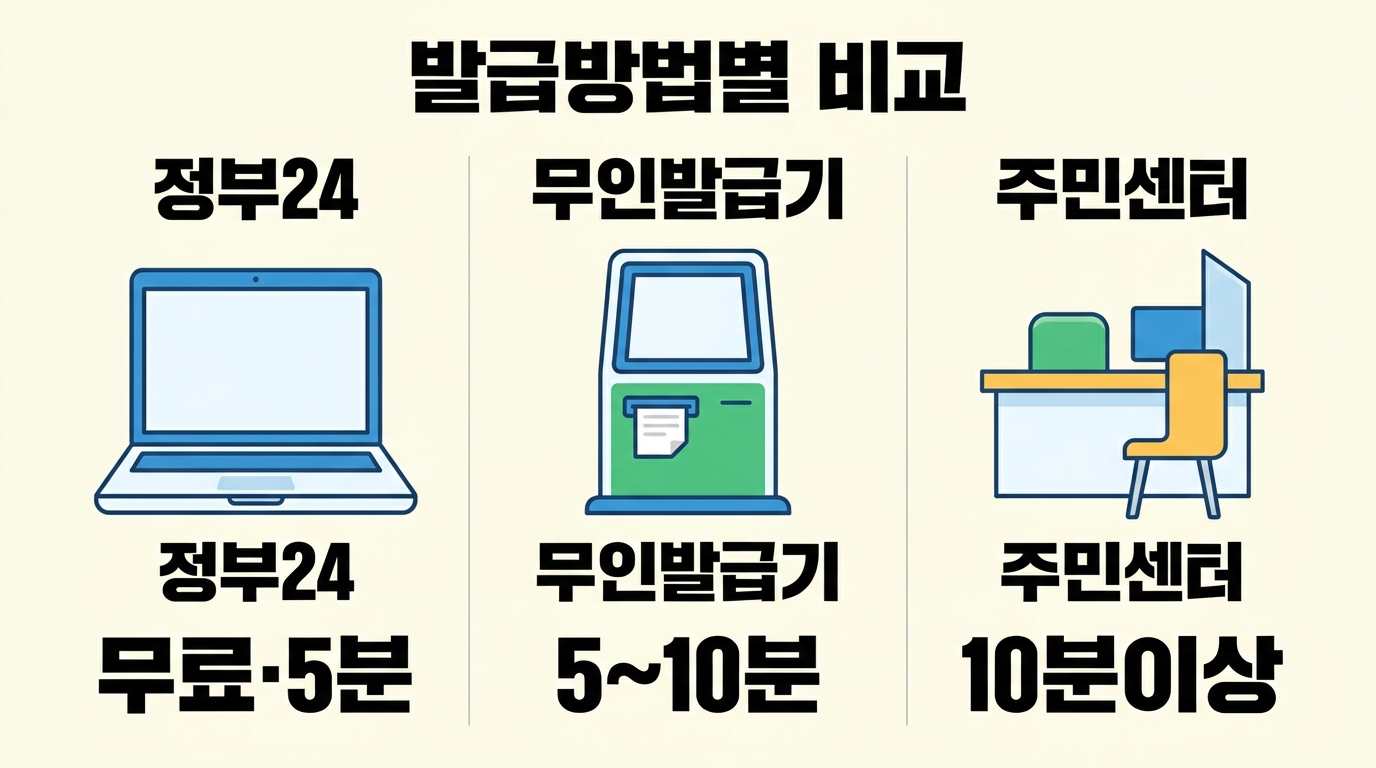 주민등록등본 발급처별 수수료와 소요 시간을 비교한 표입니다 무인민원발급기와 주민센터 창구 방문보다 정부24 온라인 신청이 훨씬 간편하고 경제적임을 알려줍니다