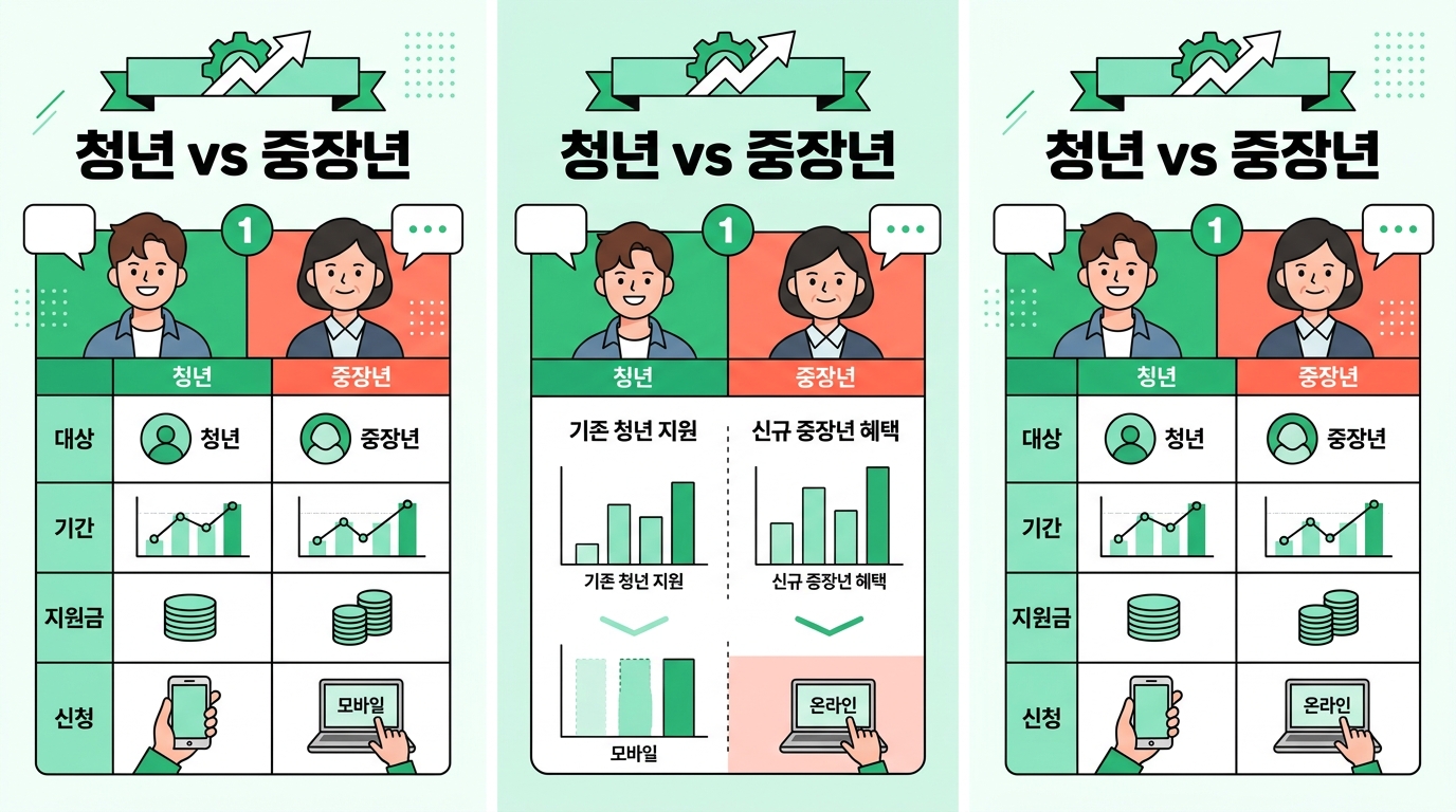 기존 청년 지원금과 2026년에 신설된 중장년 일손부족일자리 동행 인센티브의 차이점을 분석하고 지원 자격과 금액을 비교한 핵심 요약 표입니다.