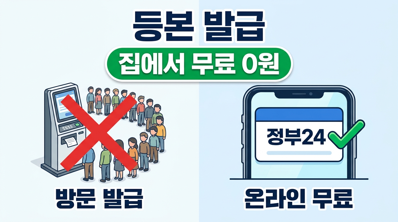 주민등록등본 발급, 정부24 온라인이 무료인 이유 — 무인발급기·주민센터 수수료 비교